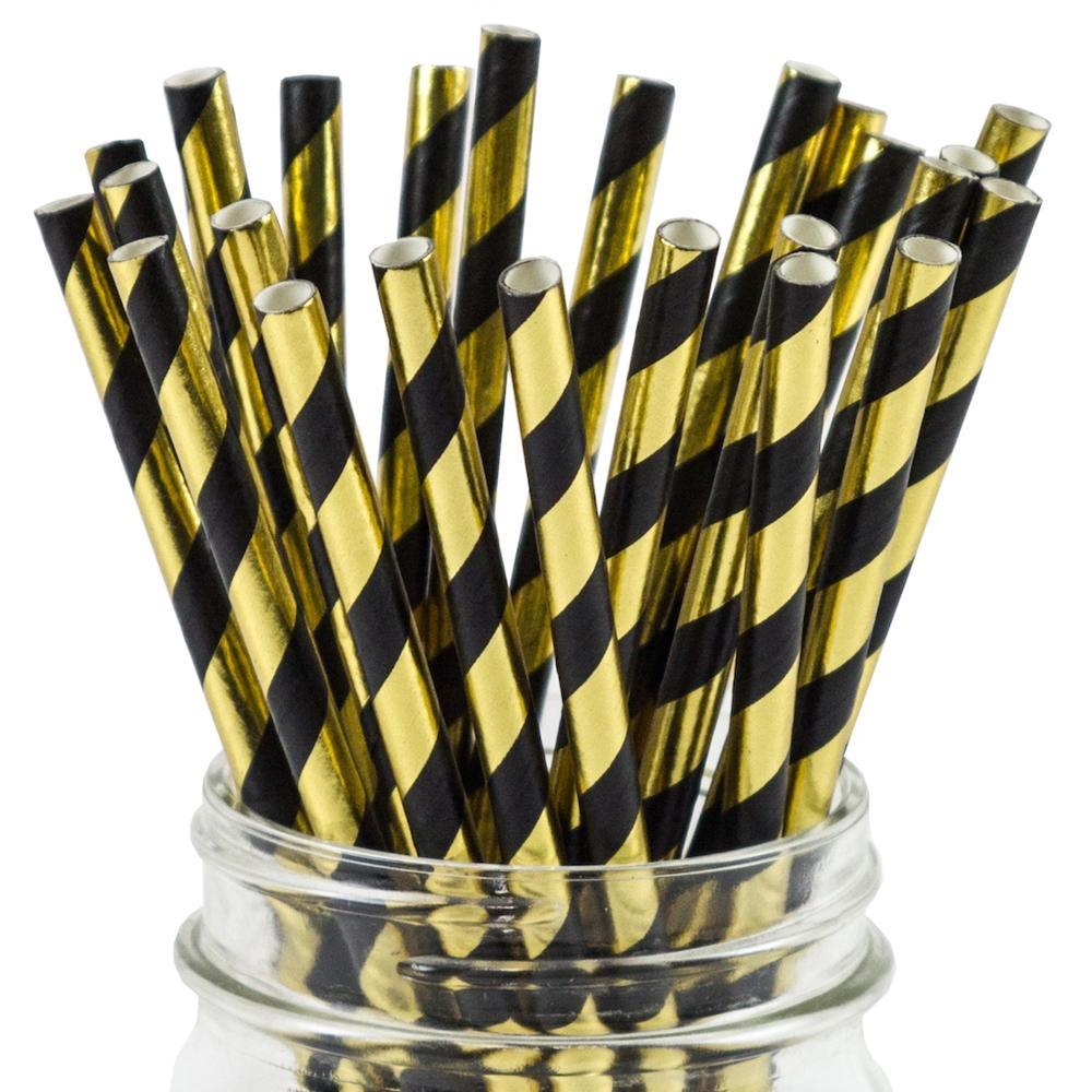 UNIQIFY® Black and Gold Striped Paper Straws - [25 straws]
