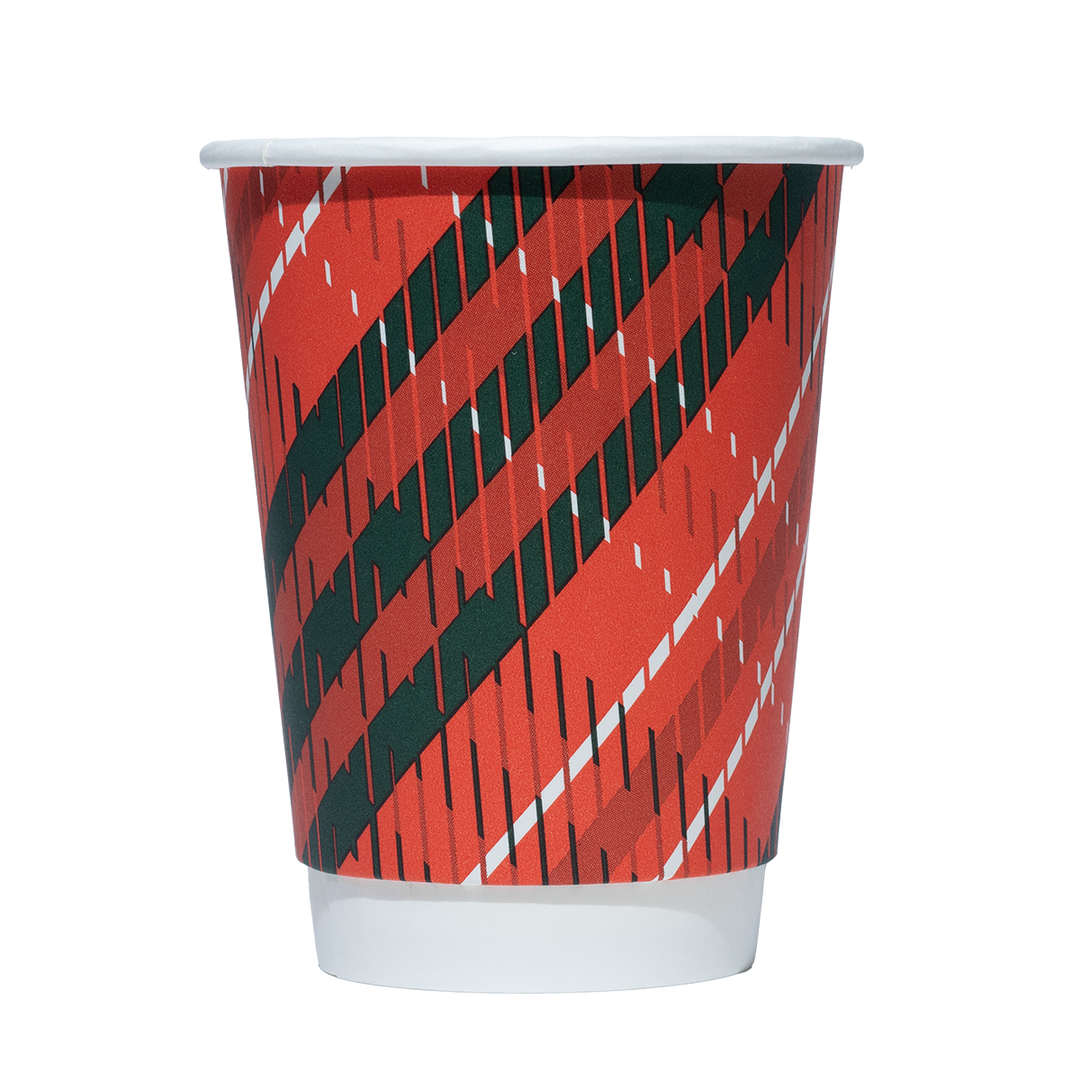 UNIQ 12 oz Double-Wall Winter Plaid Hot Paper Cups - Frozen Dessert Supplies