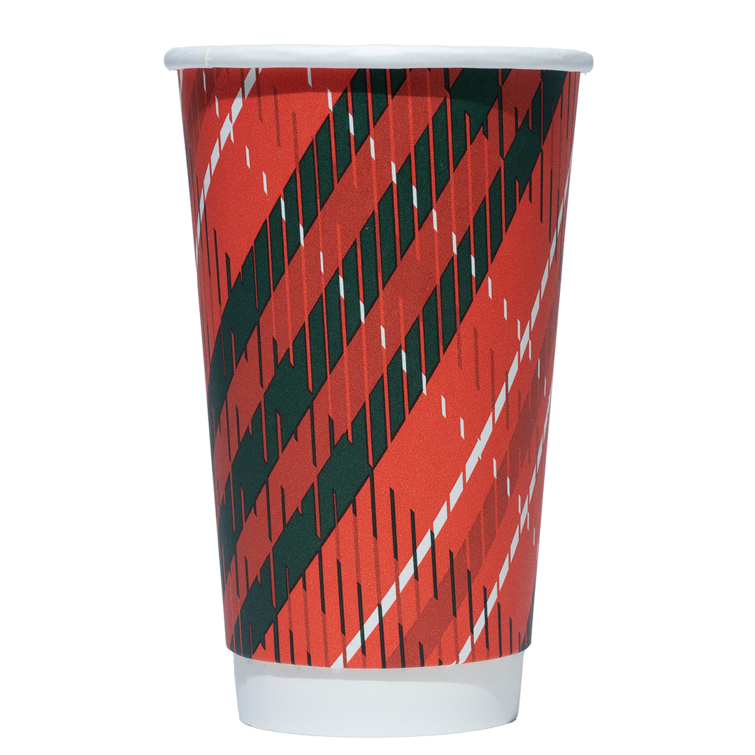 UNIQ 16 oz Double-Wall Winter Plaid Hot Paper Cups - Frozen Dessert Supplies