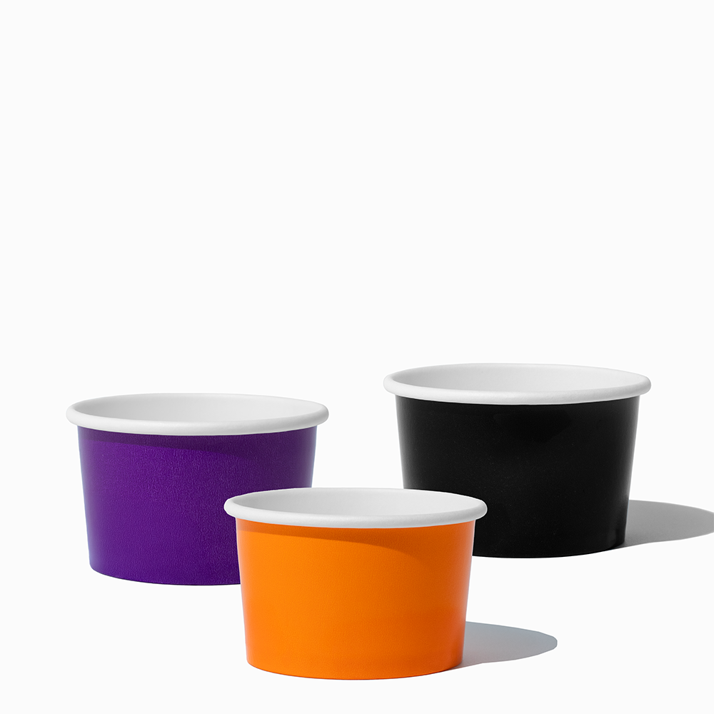 UNIQ 4 oz Spooky Halloween ice cream cups in orange, black, and purple, 1000 per case