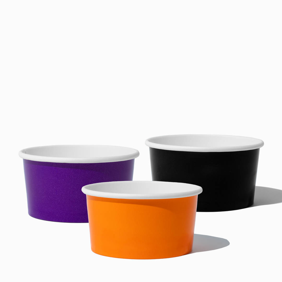 UNIQ 6 oz Spooky Halloween ice cream cups in orange, black, and purple, 1000 per case