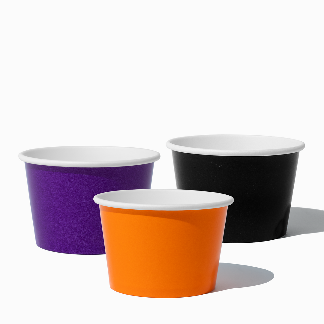 UNIQ 8 oz Spooky Halloween ice cream cups in orange, black, and purple, 1000 per case