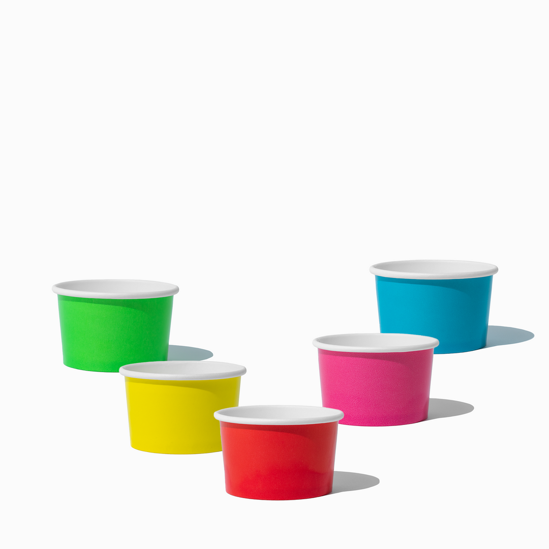 UNIQ 4 oz mixed color solid ice cream cups in red, yellow, green, blue, and pink, 1000 per case