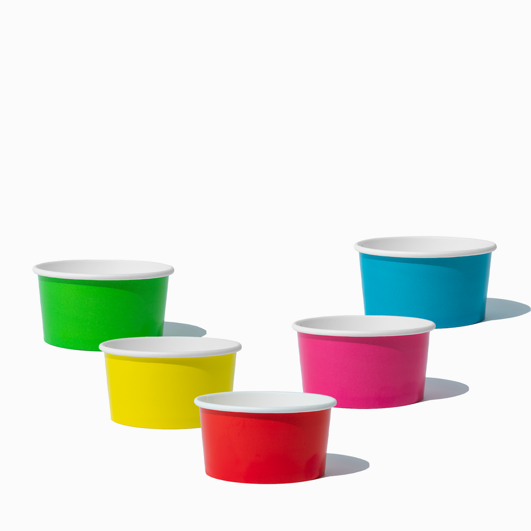 UNIQ 6 oz mixed color solid ice cream cups in red, yellow, green, blue, and pink, 1000 per case