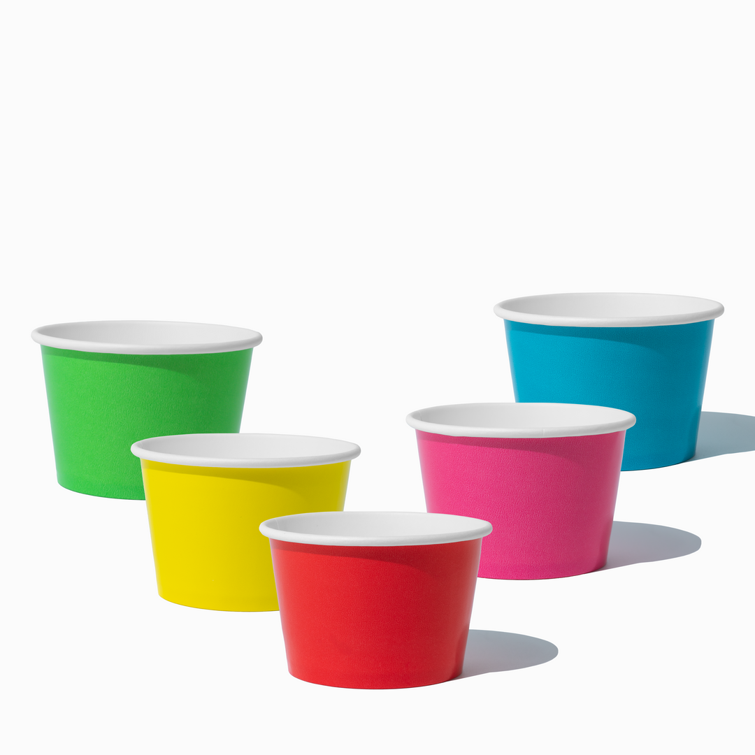 UNIQ 8 oz mixed color solid ice cream cups in red, yellow, green, blue, and pink, 1000 per case