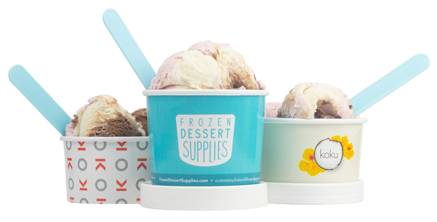 Assorted ice cream cups from Frozen Dessert Supplies, showcasing their customizable cups collection with vibrant designs and colors. Perfect for branding and personalization.