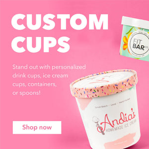 Custom Cups stand out with personalized drink cups, ice cream cups, containers, or spoons! Talk to one of our custom specialist today. Show Now!