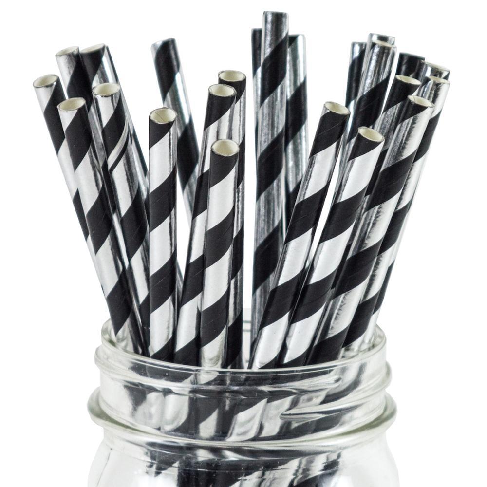 UNIQIFY® Black and Silver Striped Paper Straws