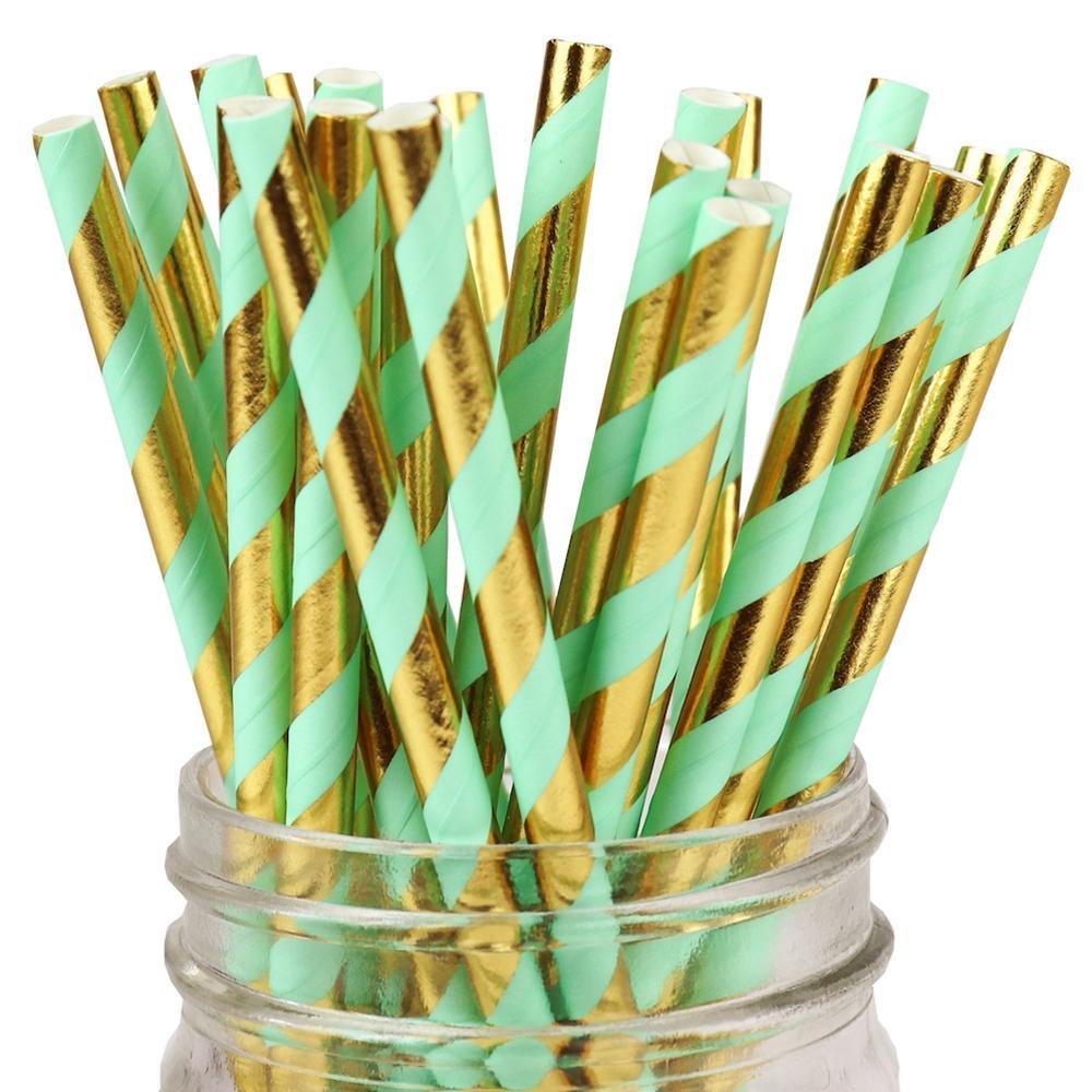 UNIQIFY® Mint and Gold Foil Striped Paper Straws