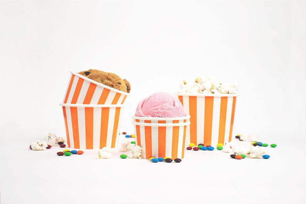 UNIQIFY® 12 oz Orange Striped Madness Ice Cream Cups - Frozen Dessert Supplies 12ORNGSMADCUP