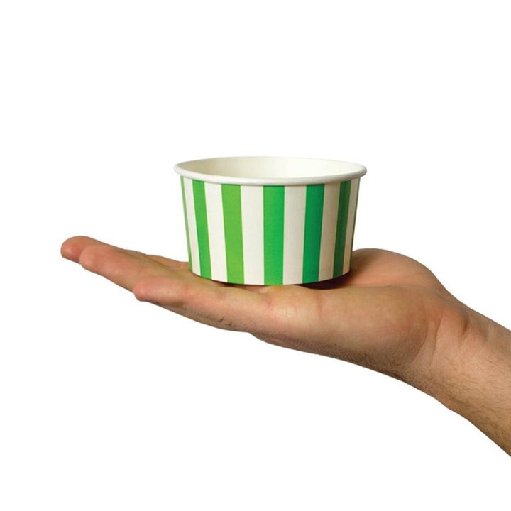 UNIQIFY® 6 oz Green Striped Madness Ice Cream Cups - Frozen Dessert Supplies 06GRNSMADCUP