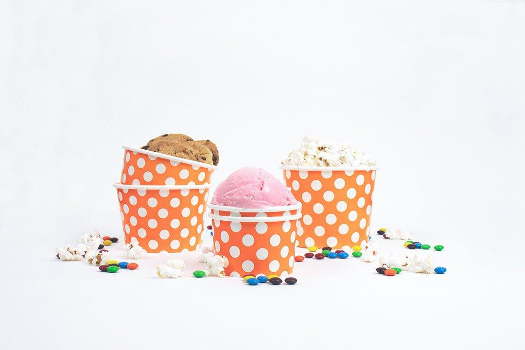 UNIQIFY® 6 oz Orange Polka Dotty Ice Cream Cups - Frozen Dessert Supplies 06ORNGPKDTCUP